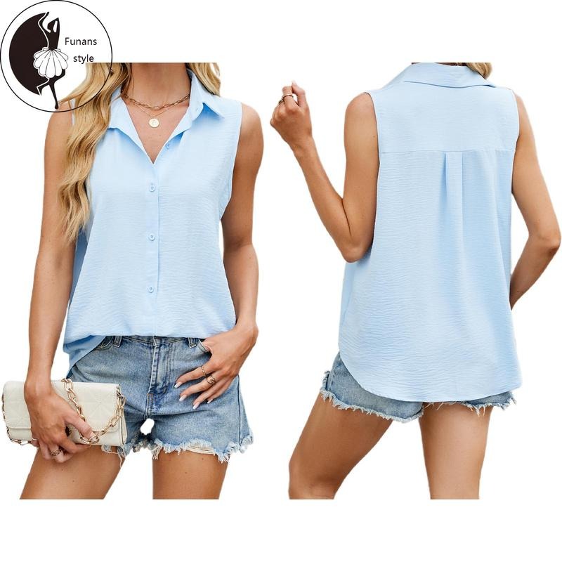 Women Collared Tank Tops Loose Solid Color Sleeveless Button-down Chiffon Vest Causal Summer Streetwear