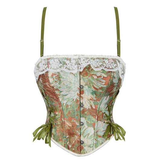 Women Corset Top, Vintage Elegant Lace Trim Camisole Tie-up Flower Print Waist Trainer Light Womenswear