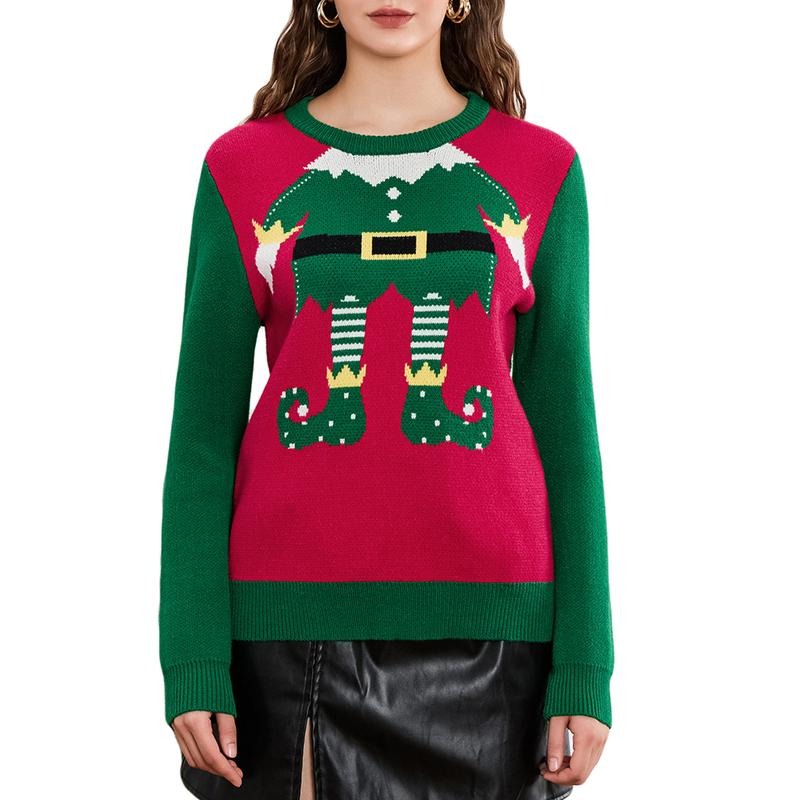 Women Cute Christmas Sweaters Casual Trendy Elf Legs Print Crew Neck Warm Pullover Basic Knitwear for Fall Streetwear