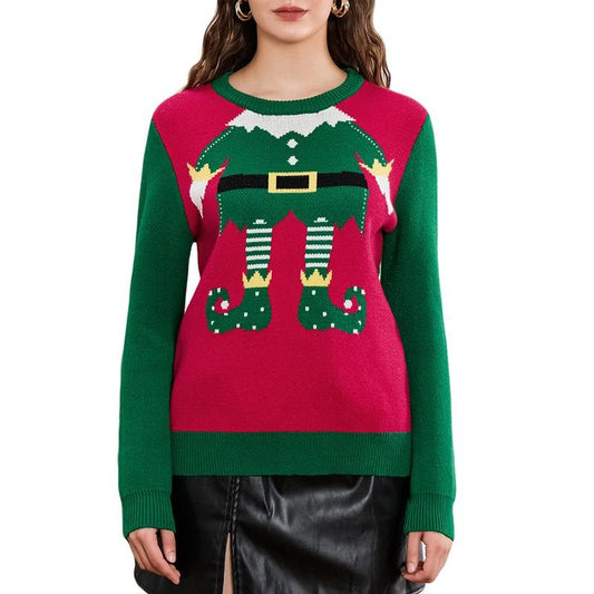 Women Cute Christmas Sweaters Casual Trendy Elf Legs Print Crew Neck Warm Pullover Basic Knitwear for Fall Streetwear