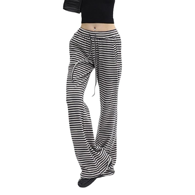 Women Drawstring Straight Leg Pants, Vintage Low Rise Striped Print Knitted Lounge Pants Fabric Spring