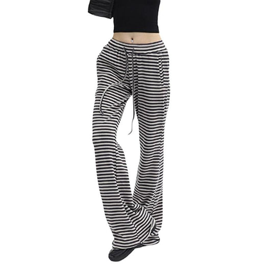Women Drawstring Straight Leg Pants, Vintage Low Rise Striped Print Knitted Lounge Pants Fabric Spring