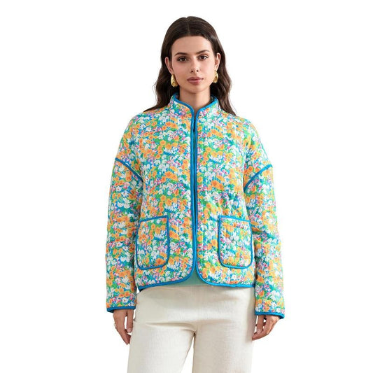 Women Fall Quilted Jacket Lightweight Casual Vintage Floral Print Long Sleeves Cardigan for Outwear Streetwear Comfort Womenswear