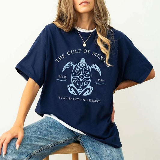 Women Gulf of Mexico Stay Salty And Resist Turtle Tee, Gulf Coast t-shirt Mexico Beach Shirt Texas, Mexico Resist, Tee Shirt Fashion, Graphic Tee Loose Cotton
