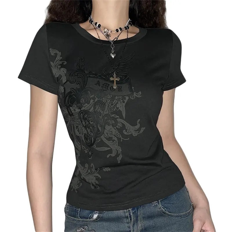 Women Halloween Goth T Shirt Y2k Slim Fit Contrast Color Floral Print Short Sleeve Round Neck Pullover Tops Vintage...