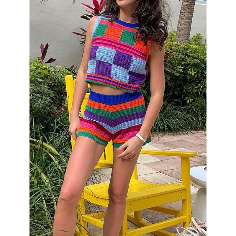 Women Knitted Shorts Set, Plaid Vest with Elastic Waist Stripes Shorts Summer Outfit for Party Club Light Sleeveless