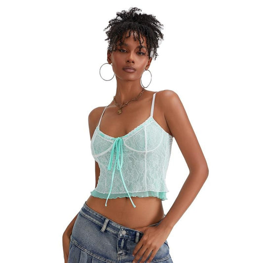 Women Lace Camisole, Spaghetti Straps Tie-up Patchwork Slim Fit Summer Tops Clubwear Sleeveless Comfort