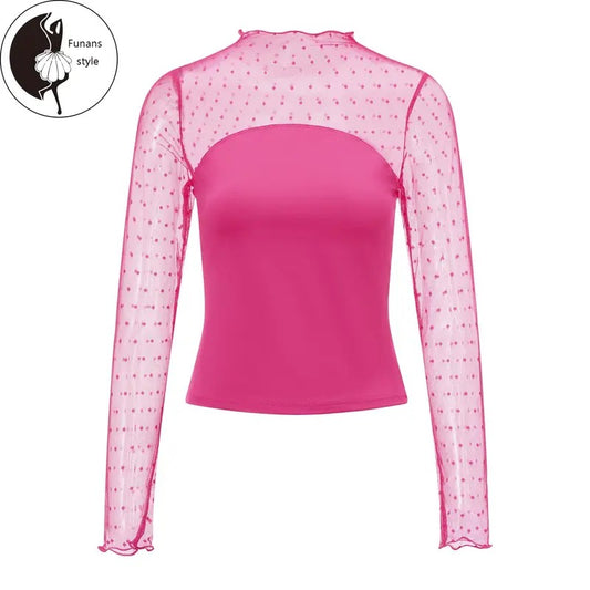 Women Long Sleeve T-Shirts Swiss Dot Mesh Patchwork Mock Neck Casual Shirts Spring FallFit Tops Streetwear