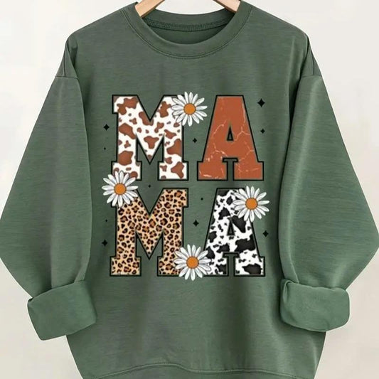 Women'S Casual Crew Neck Sweatshirt with Leopard & Cow Print "MAMA" Graphic