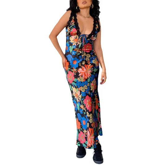 Women Slip Dress, Sleeveless V-neck Tie-up Flower Print Long Dress Lace Patchwork Summer Dress for Cocktail Party Casual Polyester
