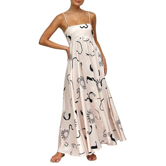 Women Slip Dress, Spaghetti Straps Backless Sun Flower Print Swing Dress Summer Long Dress Sleeveless Casual Light Womenswear