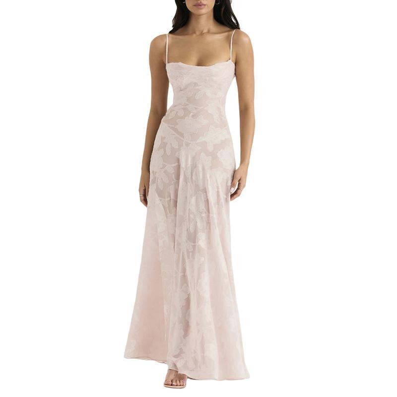 Women Spaghetti Strap Maxi Dress Floral Lace Sleeveelss Backless Sling Long Dress Summer Beach Holiday Dress T-Shirts,...