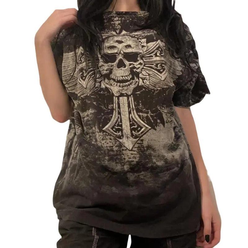 Women T-shirt, Vintage Crew Neck Short Sleeve Skull Print Summer Loose Tops Streetwear Womenswear Comfy