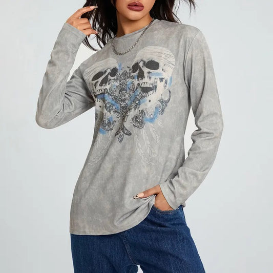 Women Trendy T-Shirt, Halloween Skulls Cross Print Round Neck Long Sleeve Relax Fit Casual Tops for Females, Gray Fabric Fashion