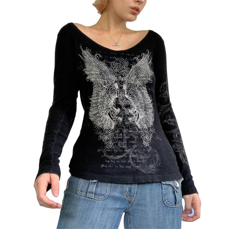 Women Trendy T-Shirt, Rhinestones Scoop Neck Long Sleeve Regular Fit Casual Tops Streetwear for Females, Black Fabric Fashion