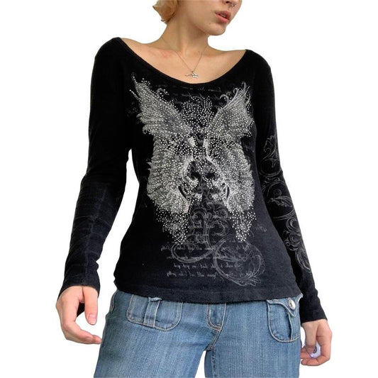 Women Trendy T-Shirt, Rhinestones Scoop Neck Long Sleeve Regular Fit Casual Tops Streetwear for Females, Black Fabric Fashion