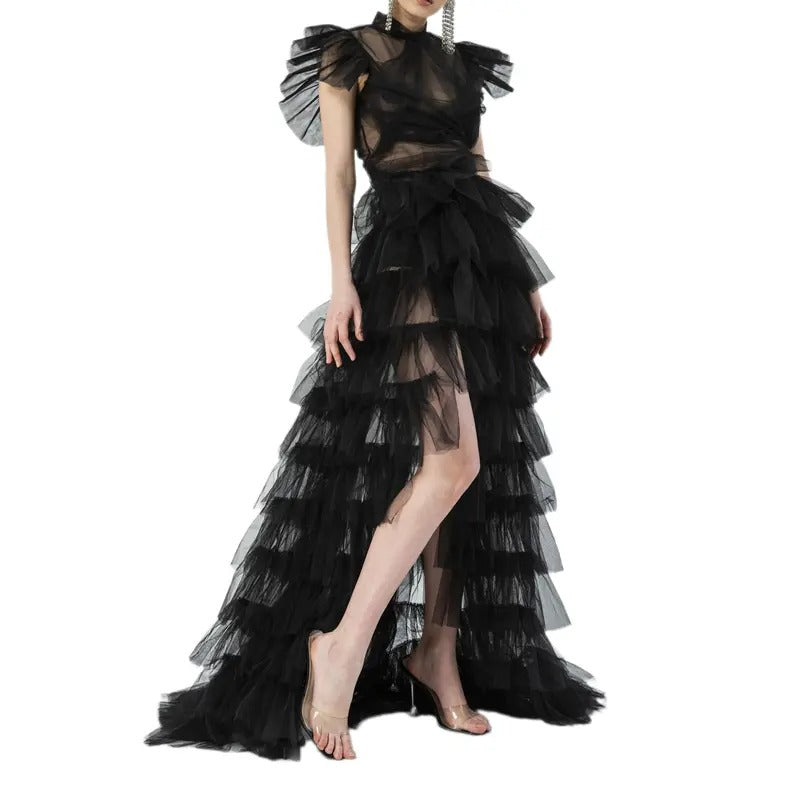 Women Tulle Skirt, Solid Color Mesh Tied-Up Irregular Floor-Length Party Skirt for Wedding Guest, Dinner, Cocktail Party Fabric Womenswear