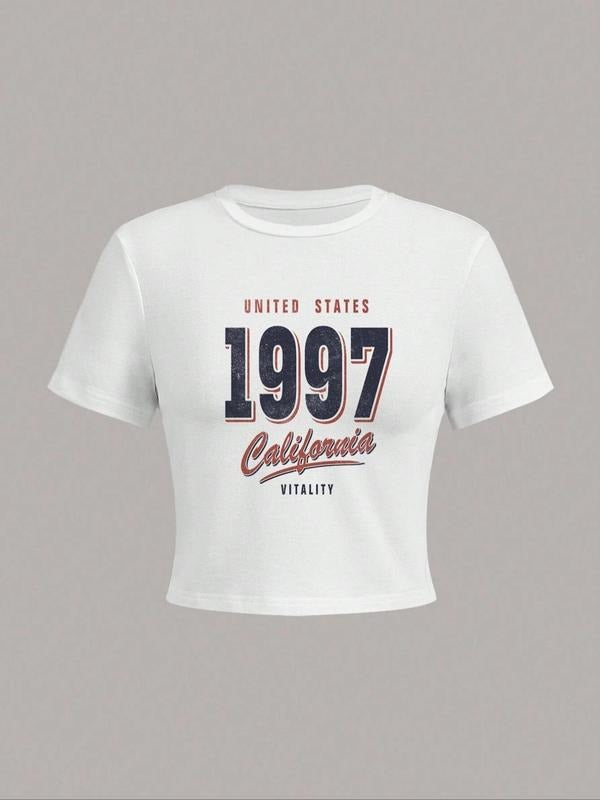 Women'WB shield "1997" & Letter Print Round Neck Crop Tee, Vintage Trendy Casual Short Sleeve T-shirt for Daily Wear,...