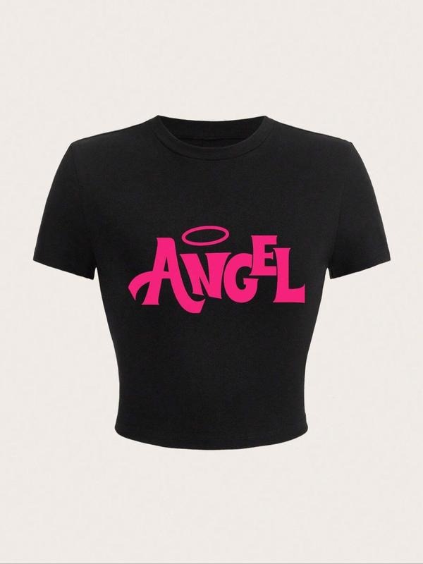 Women'WB shield "ANGEL" Letter Print Round Neck Crop Tee, Casual Short Sleeve Crew Neck T-Shirt for Summer, Fashion...