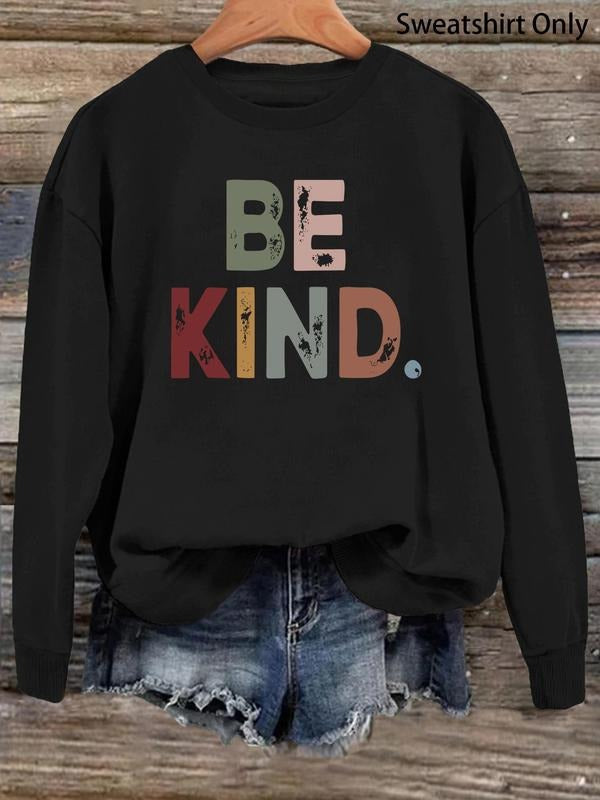 Women'WB shield "BE KIND" Letter Print Drop Shoulder Sweatshirt, Casual Long Sleeve Crew Neck Pullover, Ladies TNF for...