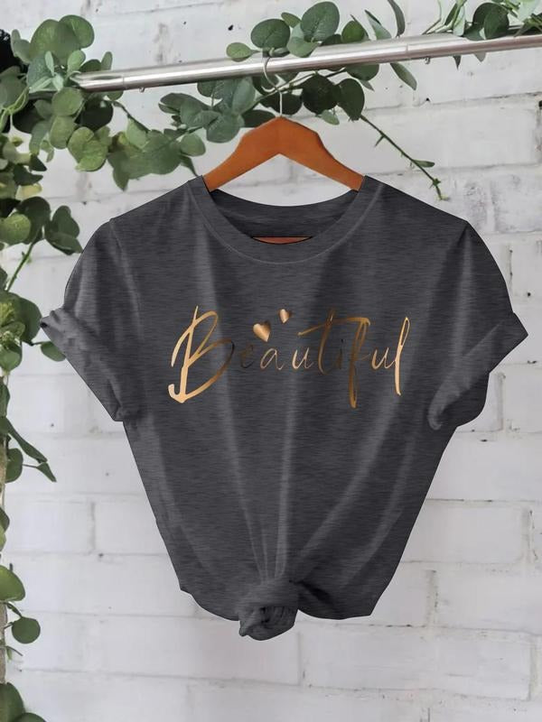 Women'WB shield "Beautiful" Letter Print Round Neck Tee, Casual Short Sleeve Crew Neck T-shirt for Spring & Fall, Fashion...