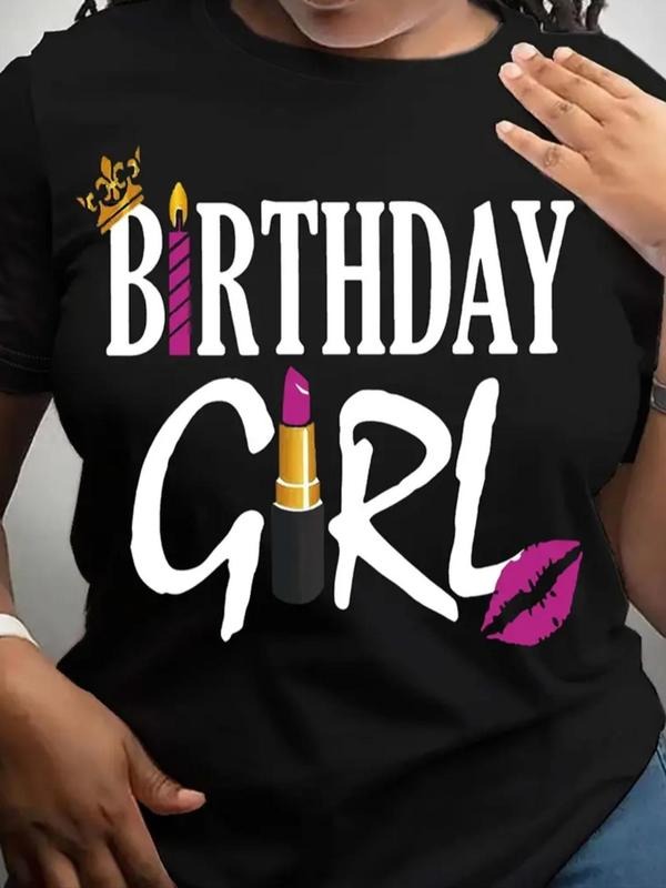 Women'WB shield "Birthday Girl" Letter Graphic Round Neck Tee, Trendy Casual Short Sleeve T-Shirt for Daily Wear, Ladies...
