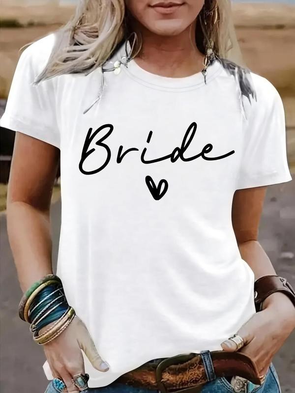 Women'WB shield "Bride" Slogan Print Round Neck Tee, Vintage Trendy Casual Short Sleeve T-shirt for Daily Wear, Ladies...
