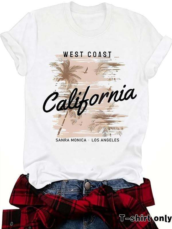 Women'WB shield "CALIFORNIA" Letter Print Round Neck Graphic Tee, Vintage Trendy Casual Short Sleeve T-shirt for Daily...