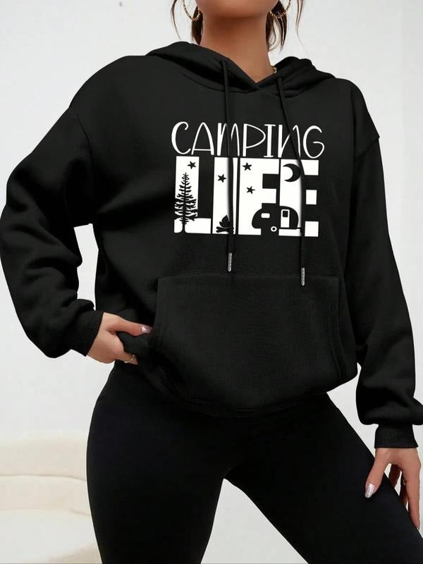 Women'WB shield "Camping Life" Graphic Print Drop Shoulder Drawstring Hoodie, Casual Long Sleeve Kangaroo Pocket Hooded...