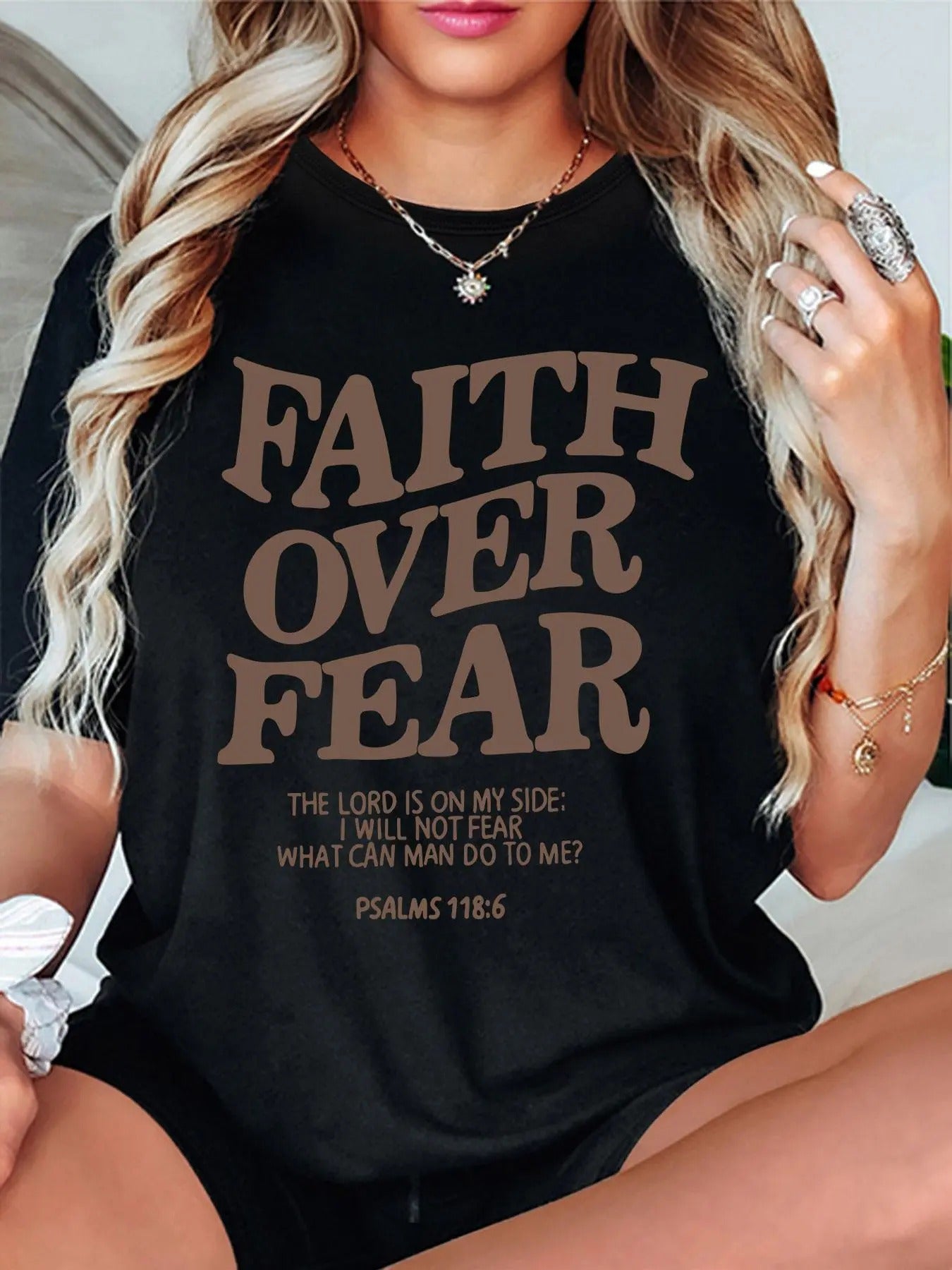 Women'WB shield "FAITH OVER FOG" Letter Print Round Neck Tee, Casual Crew Neck Short Sleeve T-Shirt for Daily Holiday...