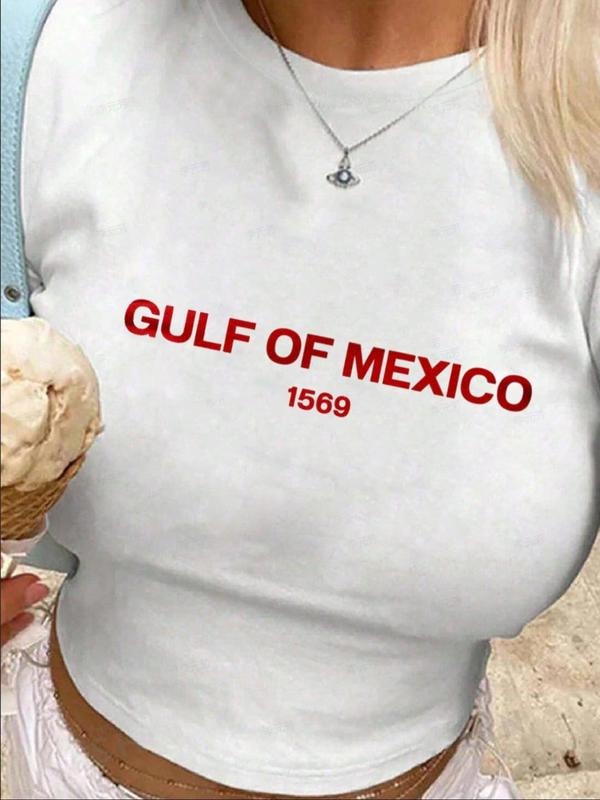 Women'WB shield "Gulf FOG Mexico" Letter Print Round Neck Crop Tee, Casual Short Sleeve Crew Neck T-shirt for Summer,...
