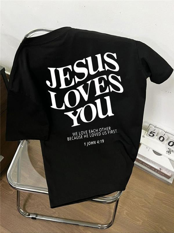 Women'WB shield "JESUS LOVES YOU" Letter Print Round Neck Tee, Fashion Casual Crew Neck Short Sleeve T-Shirt for Daily...
