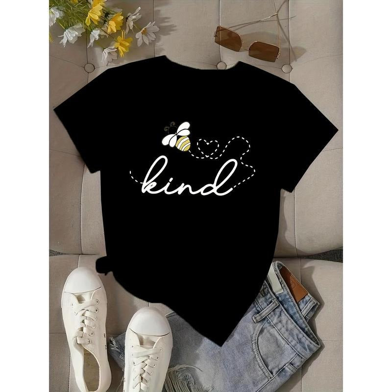 Women'WB shield 'Kind' Letter & Bee Graphic T-Shirt - 100% Cotton Casual Round Neck Short Sleeve Top, Breathable Summer...
