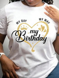 Women'WB shield "MY BIRTHDAY" Letter Print Round Neck Graphic Tee, Vintage Trendy Casual Short Sleeve T-shirt for Daily Wear, Ladies Summer Outfit