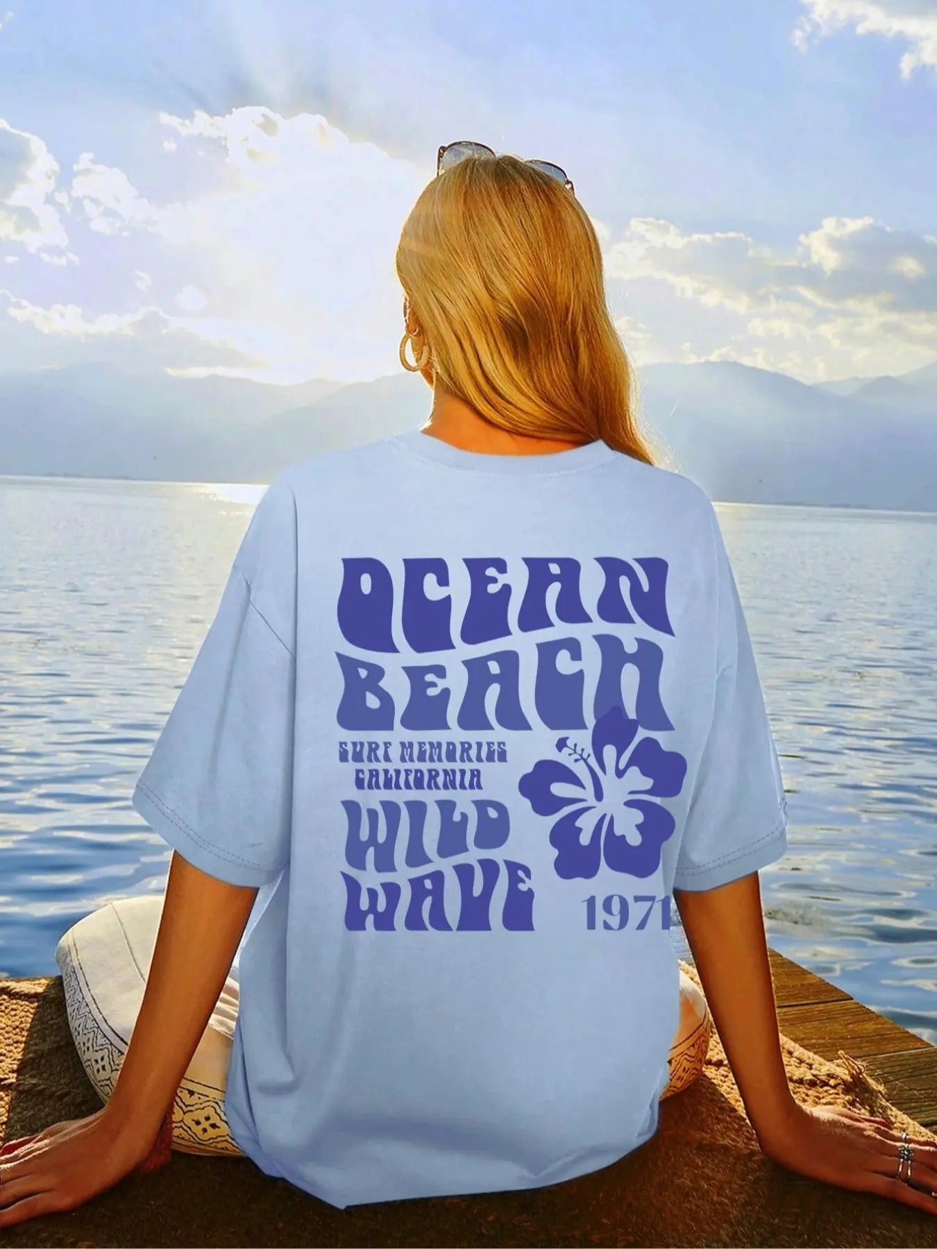 Women'WB shield "Ocean Beach, Wild Wave" Slogan Print Round Neck Tee, Graphic Tees, Vintage Trendy Casual Drop Shoulder...