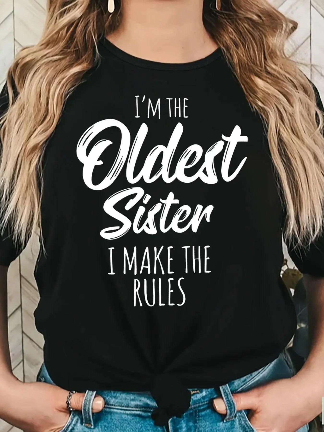 Women'WB shield "Oldest Sister" Letter Print Round Neck Tee, Casual Crew Neck Short Sleeve T-Shirt for Daily Holiday...