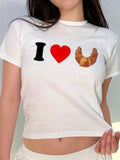 Women'WB shield "Swoosh Love Croissant" Heart & Letter Print Round Neck Crop Tee, Casual Short Sleeve Crew Neck T-Ahirt for Summer, Fashion Women'WB shield Top for Daily Wear