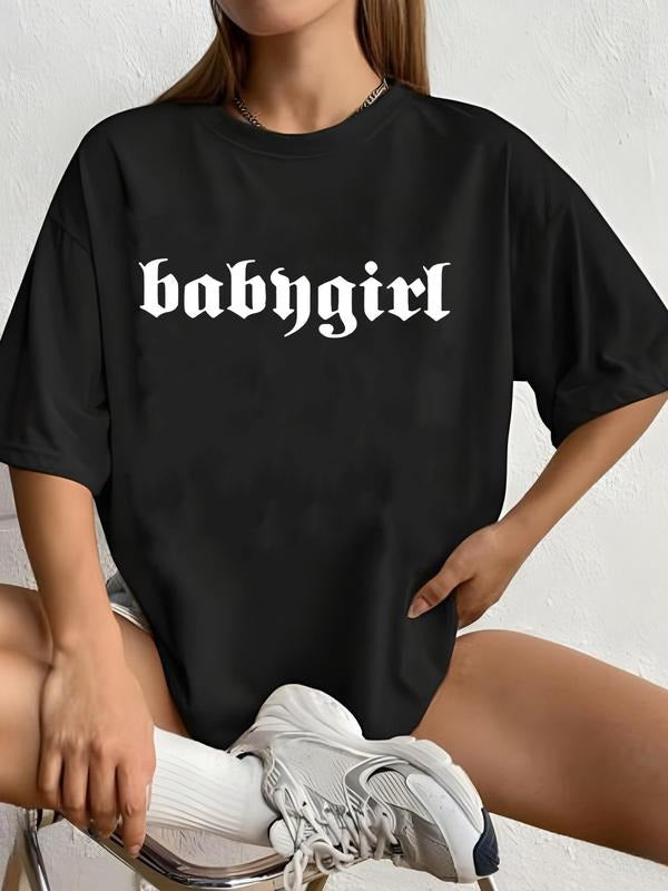 Women'WB shield "babygirl" Letter Print Round Neck Tee, Fashion Casual Drop Shoulder Half Sleeve T-Shirt for Daily Wear,...