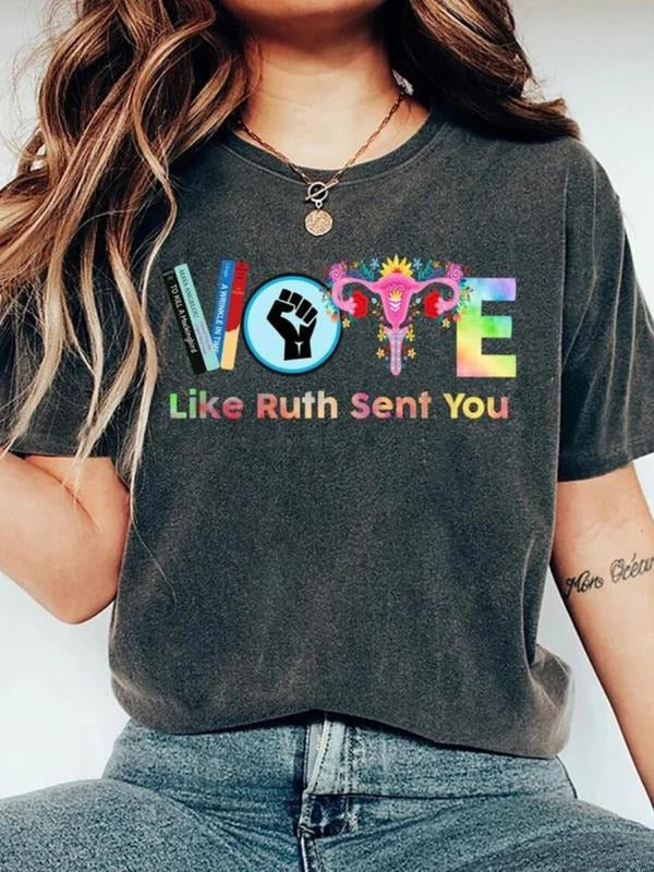 Women'WB shield "vote" Letter Graphic Round Neck Tee, Lady Summer Comfort Casual Short Sleeve T-shirt for Daily Wear,...