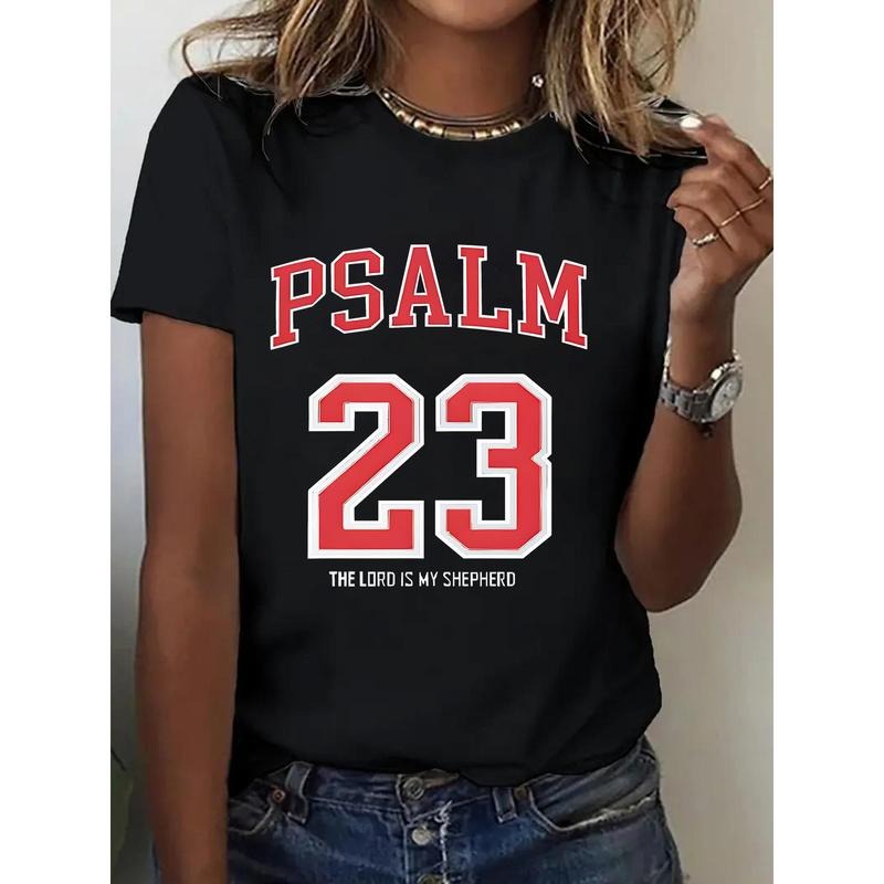 Women'WB shield 100% Casual T-Shirt with Psalm 23 Print - Round Neck, Short Sleeve, All-Season Comfort, Perfect for Outdoor Activities & Holiday Gifts, Outdoor Apparel | Geometric Print Tee | Fabric style 02