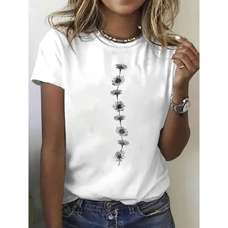 Women'WB shield 100% Cotton Floral Print Round Neck Short Sleeve T-Shirt - Relaxed Fit Breathable Summer Tee for Hiking,...