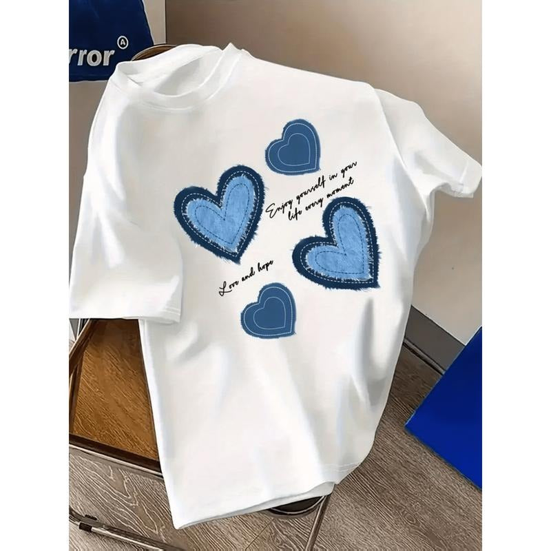 Women'WB shield 100% T-Shirt | Casual Round Neck | Short Sleeve | White with Blue Heart Graphics & Inspirational Quote |...
