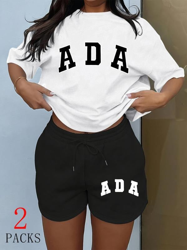 Women'WB shield Ada Print Round Neck Tee & Shorts Set, Casual Short Sleeve Crewneck T-shirt & Shorts, Ladies Straw hat...