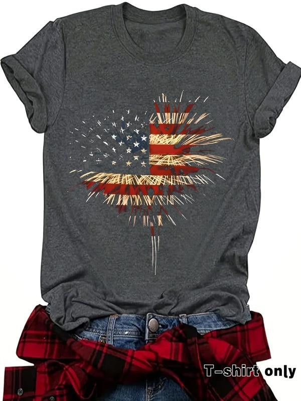 Women'WB shield American Flag & Fireworks Print Round Neck Tee, Casual Short Sleeve Crew Neck T-Shirt for Spring, Fashion...