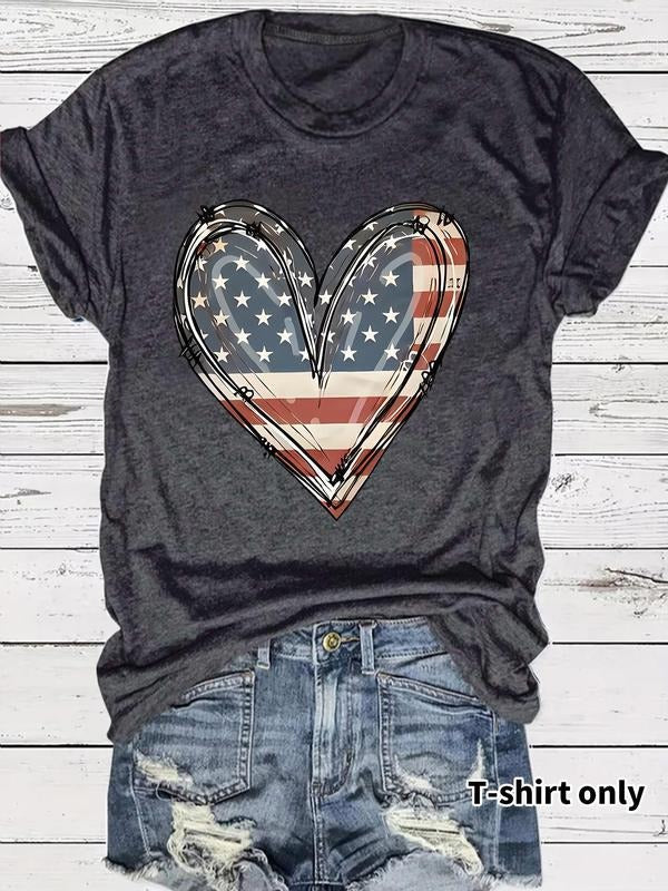 Women'WB shield American Flag Heart Print Round Neck Tee, Casual Short Sleeve Crew Neck T-Shirt for Summer, Fashion...
