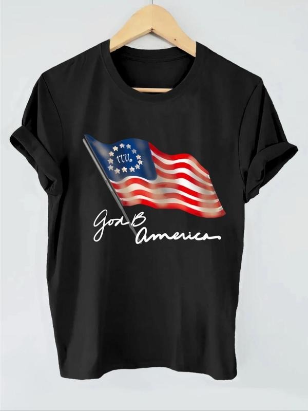 Women'WB shield American Flag Letter Print Round Neck Graphic Tee, Vintage Trendy Casual Short Sleeve T-shirt for Daily...