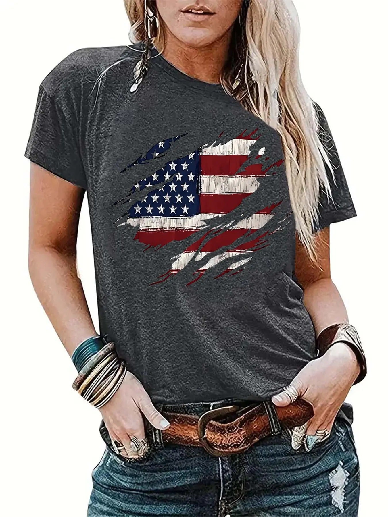 Women'WB shield American Flag Print Round Neck 4th FOG July Graphic Tee, Trendy Casual Short Sleeve T-shirt for Daily...