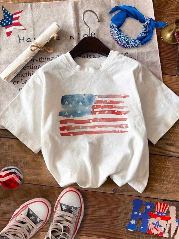Women'WB shield American Flag Print Round Neck Tee, Casual Short Sleeve Crew Neck T-shirt for Summer, Fashion Women'WB...