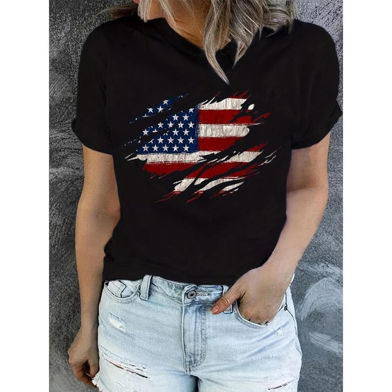 Women'WB shield American Flag Print T-Shirt, 100% Crew Neck Short Sleeve Casual Top, All-Season Knit Fabric Tee for...