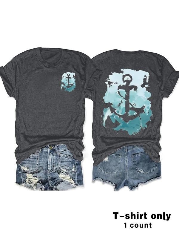 Women'WB shield Anchor Print Round Neck Tee, Casual Short Sleeve Crew Neck T-shirt for Summer, Fashion Women'WB shield...